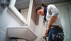 Сочная попка брюнетки засветилась на камеру в публичном туалете